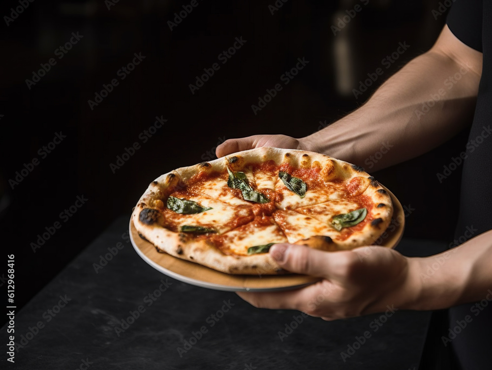 Man holding Margherita pizza. AI generated image.