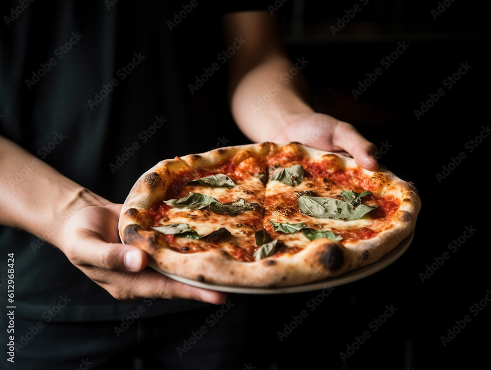 Man holding Margherita pizza. AI generated image.