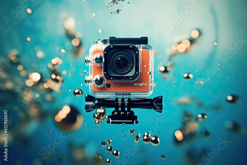 Action camera in waterproof case under water Generative AI