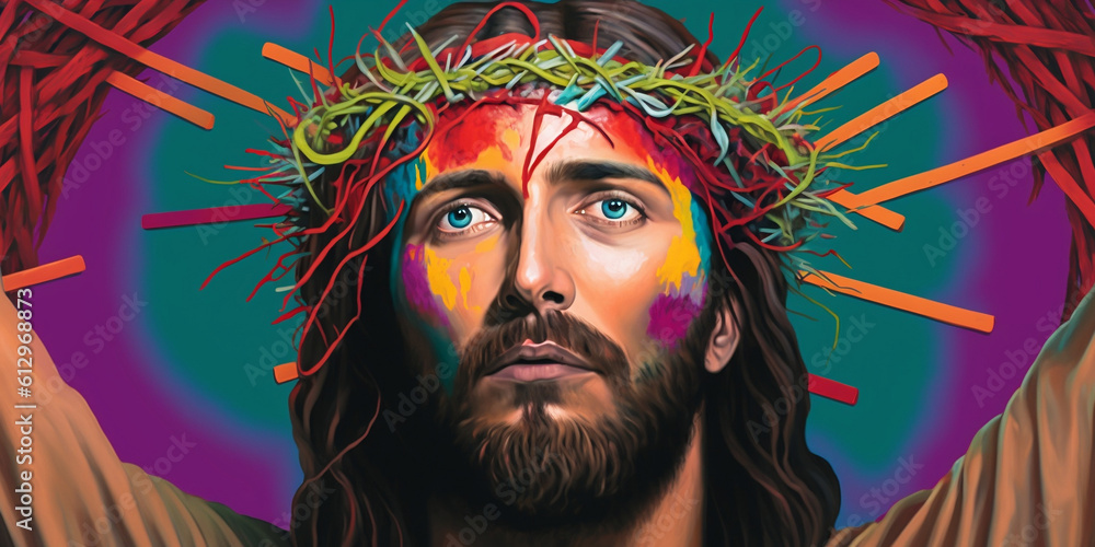 Image created by artificial intelligence of a portrait of Jesus of Nazareth of the Catholic religion Image created by artificial intelligence of a portrait of Jesus of Nazareth of the Catholic religion