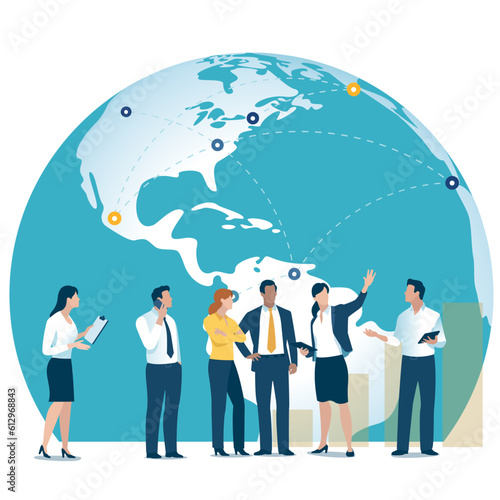 Global Trade. Business vector illustration. The team works in front of Globe.
