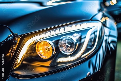 close-up view of a modern car headlight. Generative AI