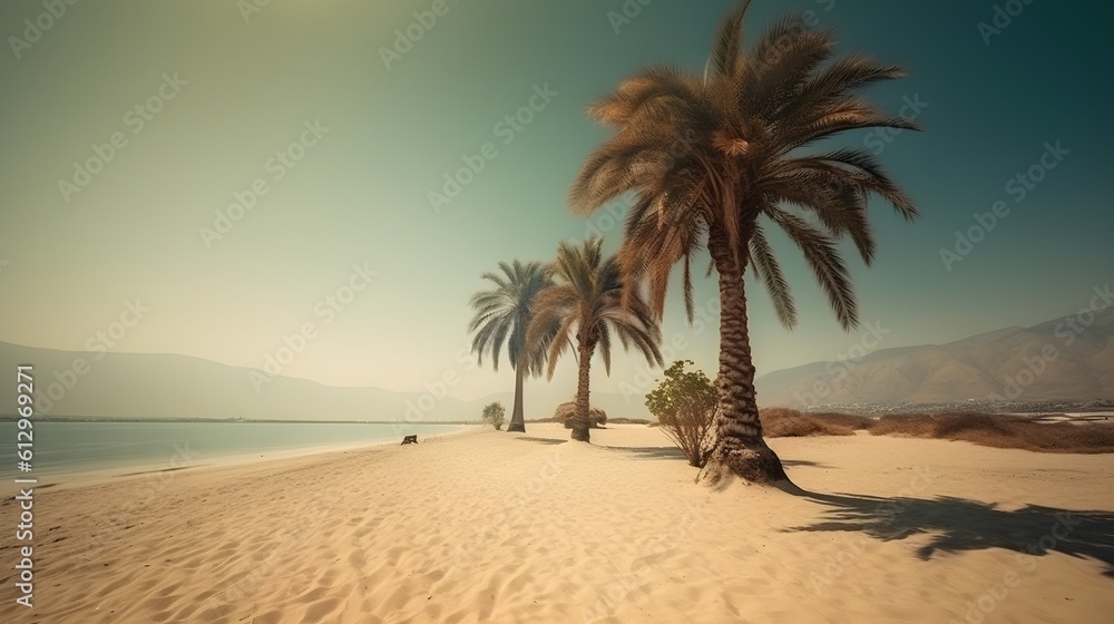 Sandy Beach Dotted with Palmy Trees, Bathed in the Golden Hues of the Sun and Sea