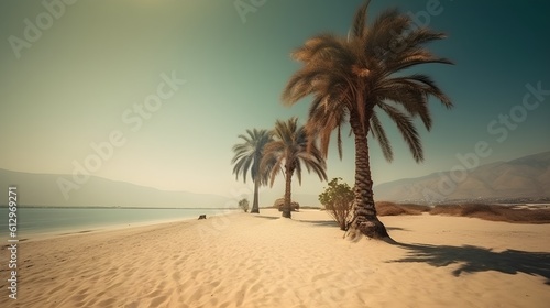 Sandy Beach Dotted with Palmy Trees, Bathed in the Golden Hues of the Sun and Sea