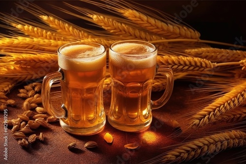 mug of beer, wheat ears, green hops and beer barrel on a wooden background Generative AI