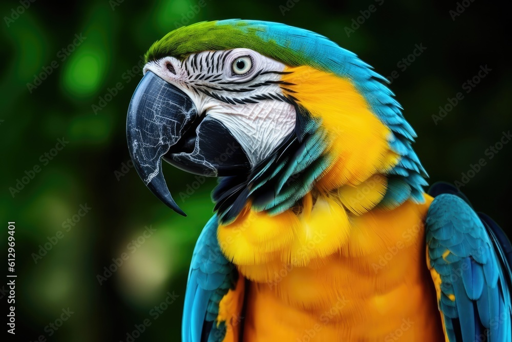 vibrant blue and yellow parrot perched on a branch. Generative AI