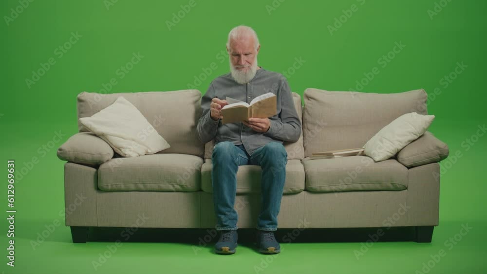 Green Screen. Portrait of a Smart Old Man With Gray Beard, Reading a Book Sitting on a Sofa. An Elderly Man Flips Through the Pages of a Book. Leisure, Hobby Concept. Green Screen. Portrait of a Smart Old Man With Gray Beard, Reading a Book Sitting on a Sofa. An Elderly Man Flips Through the Pages of a Book. Leisure, Hobby Concept.