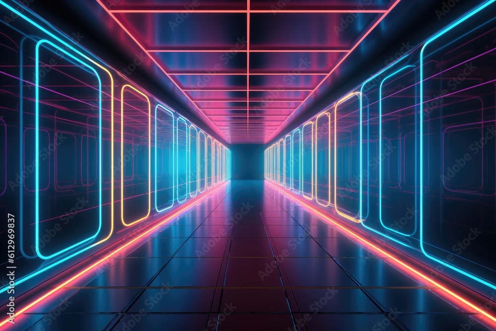 futuristic hallway with neon lights creating a long corridor. Generative AI