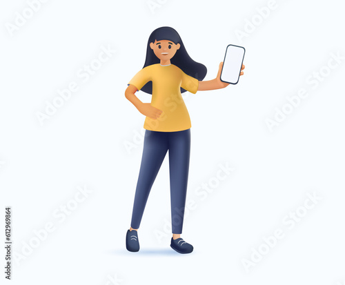 Young smilin woman holding and pointing at blank screen smartphone. Advertisement mobile phone, mobile app. 3d vector people character illustration. Cartoon minimal style