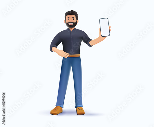 3D man character with smartphones, empty screen advertisement mobile phone, mobile app. 3D render illustration