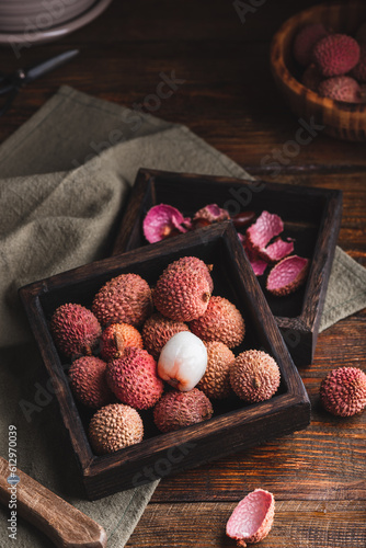 Fresh Fruits of Lychee in Wooden Box