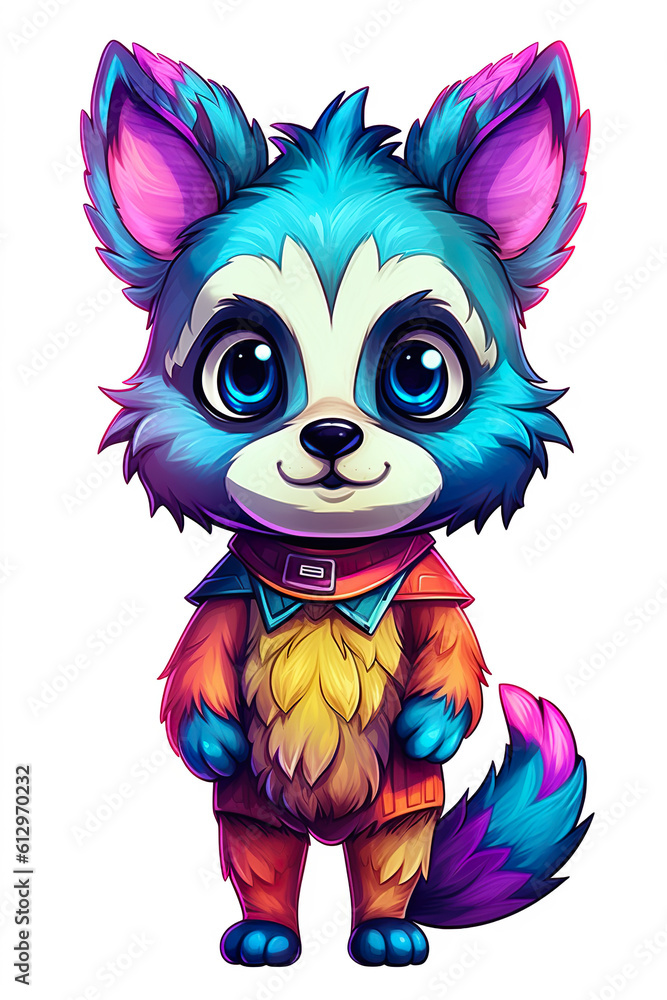 A cartoon furry animal dressed in a colorful outfit. Generative AI.