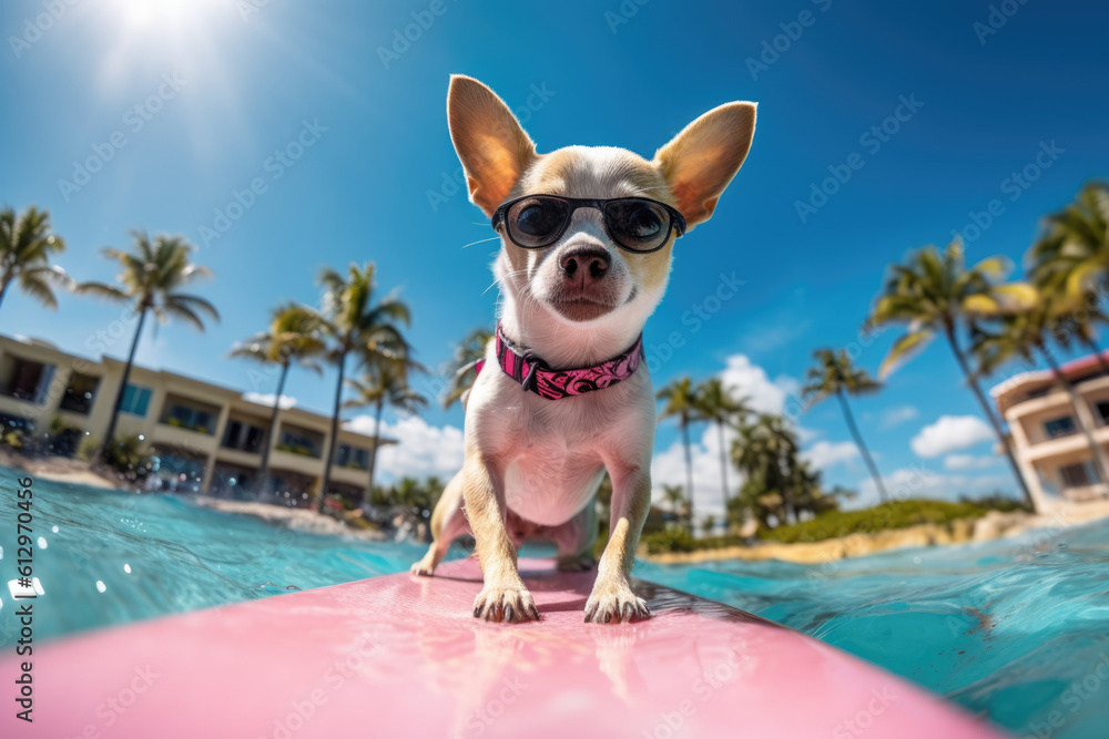 Chihuahua with sunglasses on the surfboard. AI generative art
