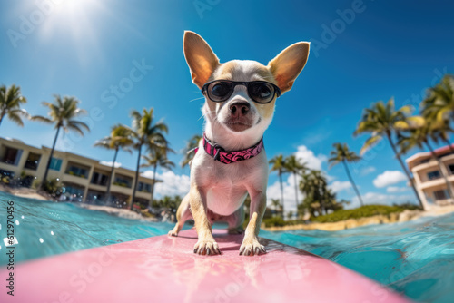 Chihuahua with sunglasses on the surfboard. AI generative art © Drpixel