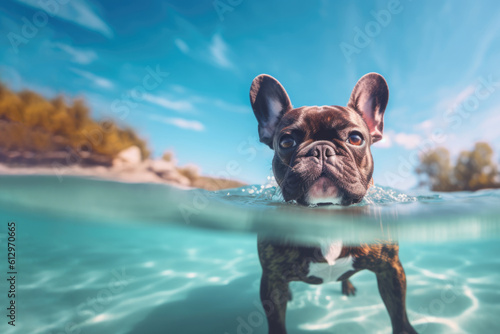 French bulldog swimming on the tropical beach. Ai generative art