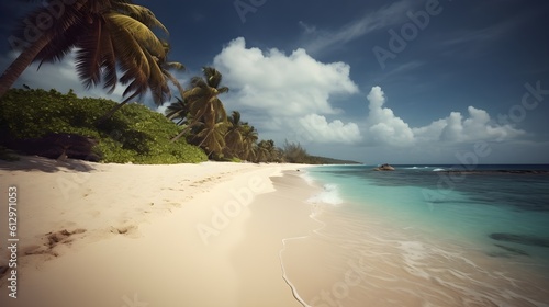 Beachside serenade, idyllic tropical beach, sunlit palms, and melodic waves © Ranya Art Studio