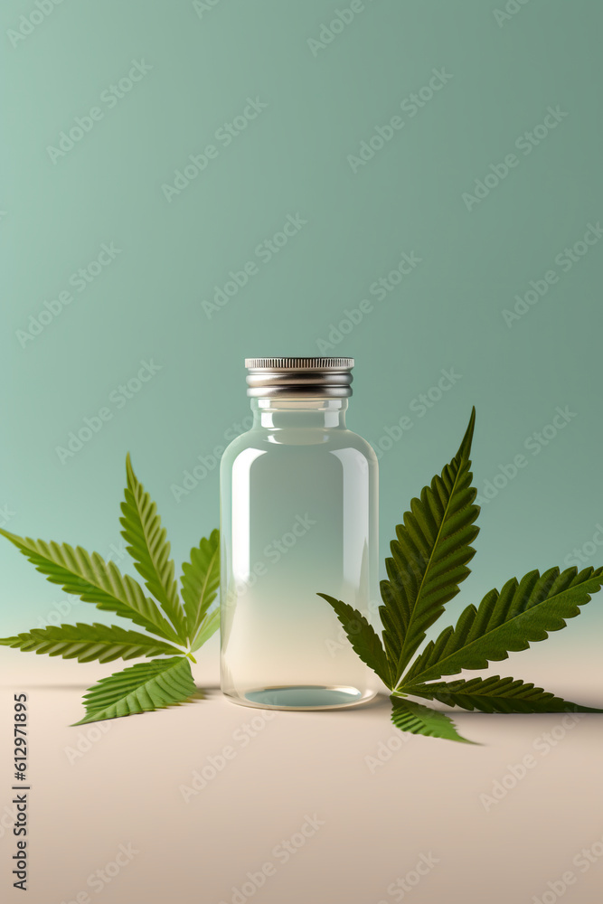 A glass bottle with a marijuana leaf on it. Generative AI. Mockup of white supplement bottle. A glass bottle with a marijuana leaf on it. Generative AI. Mockup of white supplement bottle.