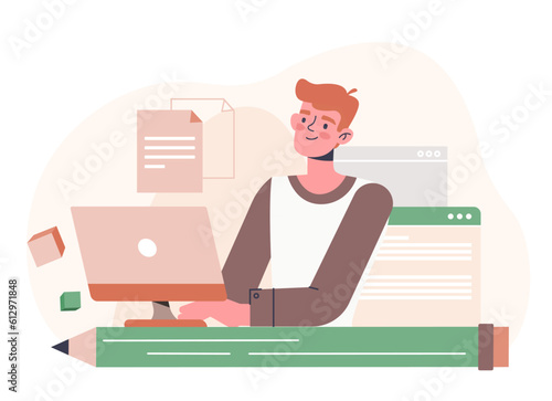 Man copywriter at workplace concept. Freelancer and remote employee sits at computer and writes tests, creates intersting content for website. Earnings on Internet. Cartoon flat vector illustration photo