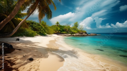 Island getaway  idyllic tropical beach  sun-kissed palms  and crystal clear waters