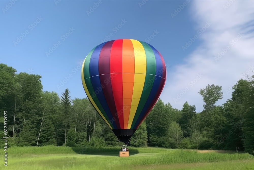 Obraz premium vibrant hot air balloon soaring over a scenic green landscape. Generative AI