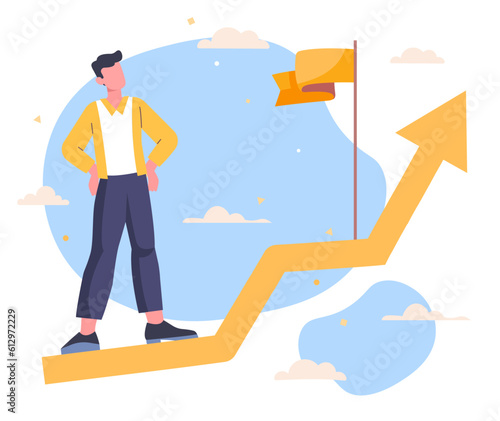 Financial leader at graph concept. Successful entrepreneur or investor. Financial literacy and passive income, rich young guy. Man at growth trade to yellow flag. Cartoon flat vector illustration