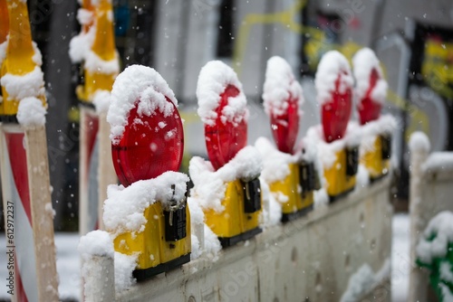 Road construction barrier in the snow