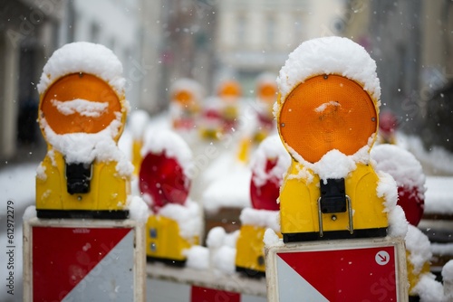 Road construction barrier in the snow