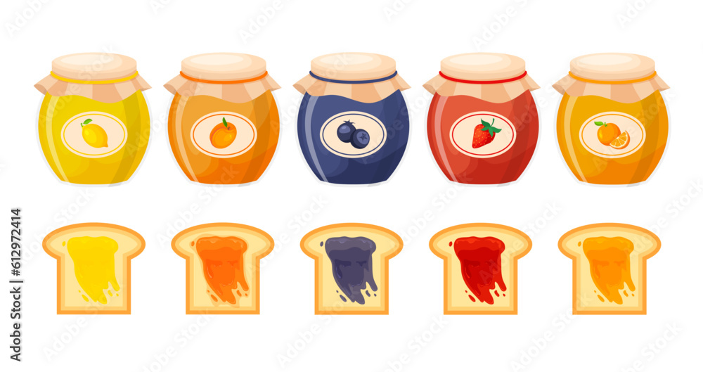 Set of fruit jams in a glass jars. Jelly or marmalade with toast bread. Vector jam confiture in a trendy flat style. Set of fruit jams in a glass jars. Jelly or marmalade with toast bread. Vector jam confiture in a trendy flat style.