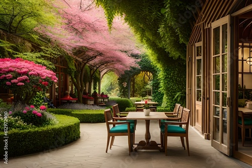 restaurant in the garden  generated by AI technology 