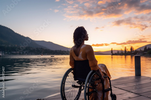 Wheelchair-bound woman gazing at the beach sunset. Generative Ai technology.