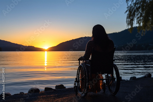 Woman on wheelchair admiring sunset on the beach. Generative Ai technology.