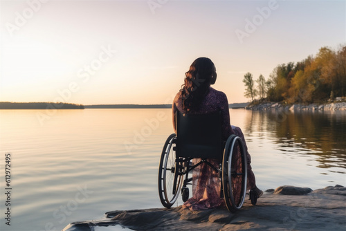 Woman in a wheelchair contemplating the beach sunset. Generative Ai technology.