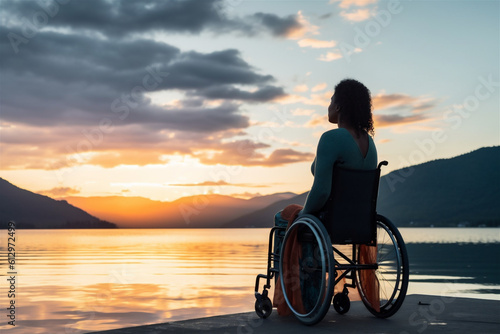Disabled woman, from her wheelchair, looking at the sea. Generative Ai technology.