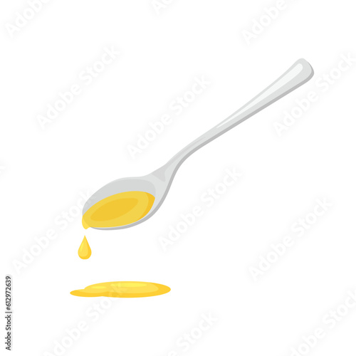 Metal silver spoon full of oil. Teaspoon with mustard or olive oil. Vector illustration isolated on white background.