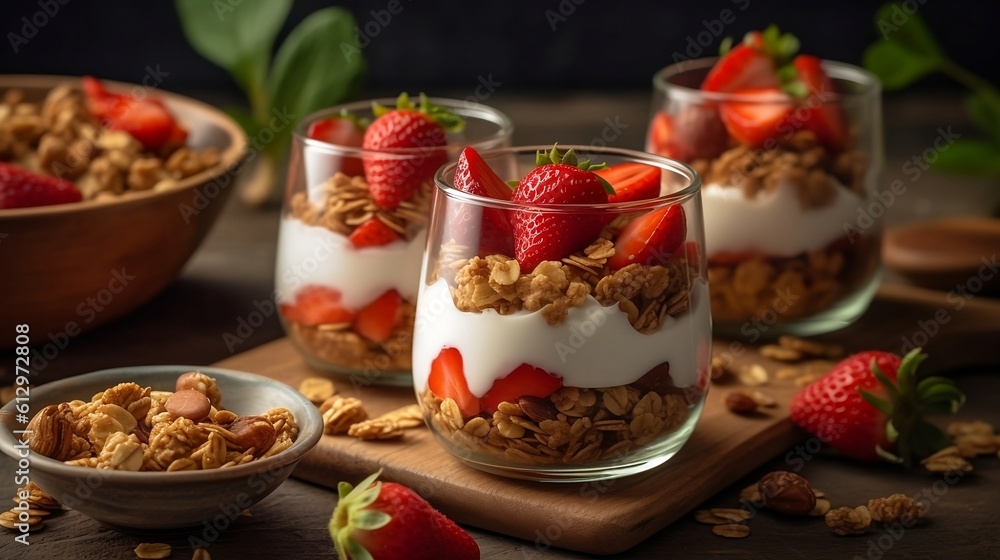 Healthy breakfast of strawberry parfaits. Generative AI Healthy breakfast of strawberry parfaits. Generative AI
