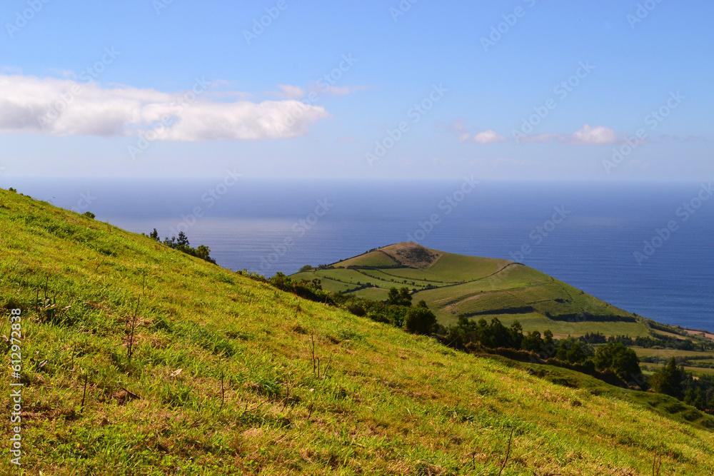 Landscape with meadow and the Atlantic Ocean on Sao Miguel Island, Azores, Portugal