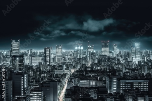 vibrant city skyline at night with a starry sky. Generative AI © Vusal