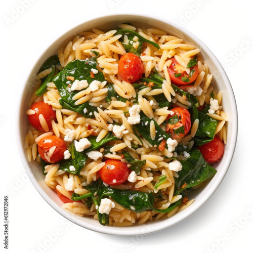 Bowl of Orzo Spinach Orzo Salad on a White Background. Generative AI