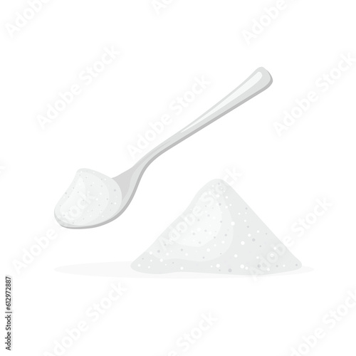 Metal silver spoon full of salt. Baking and cooking ingredient. Vector teaspoon isolated on white background. Heap of food seasoning.