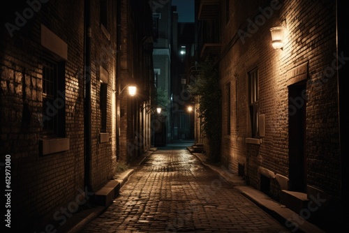 dimly lit alleyway with a solitary street light at night. Generative AI
