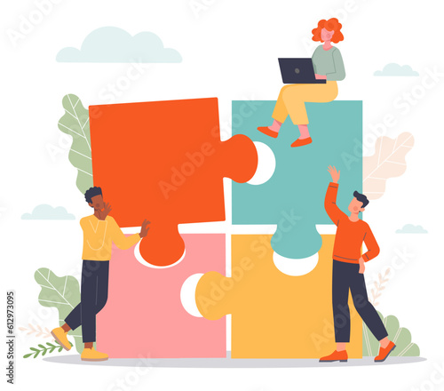 People with puzzle concept. Teamwork, collaboration and cooperation. Men and women working on project. Colleagues and partners. Organization of effective workflow. Cartoon flat vector illustration