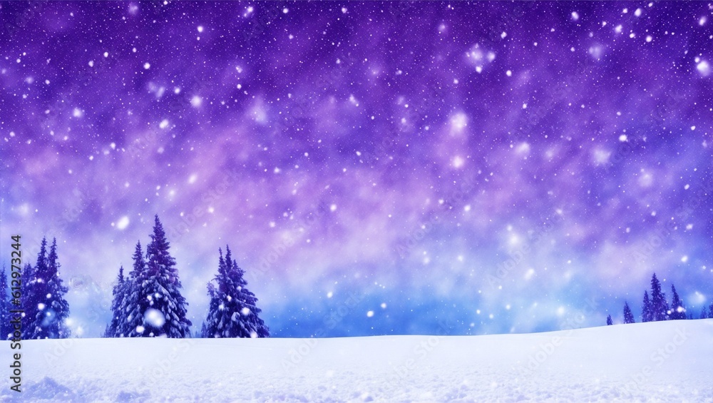 Abstract colorful winter wonderland. Night sky with sparkling snow and gusting snowflakes. Stars and lights over icy background wallpaper, generative ai