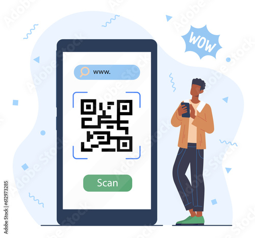 Man scan QR code vector concept. Young guy with smartphone. Online shopping, cashless payment. Shortened link and page address. Barcode and QRcode reader. Cartoon flat illustration