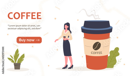 Woman with coffee landing page concept. Young girl near big coffee cup. Espresso, americano, latte and cappuccino. Advertising poster or banner for website. Cartoon flat vector illustration