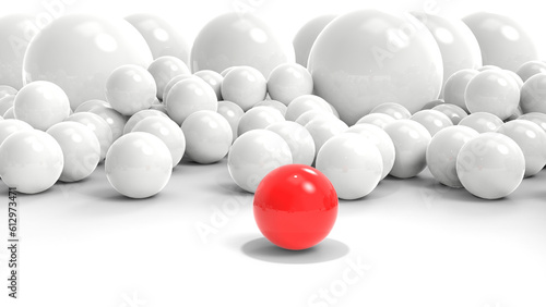 Red ball stands out and in front of bunch of generic white balls