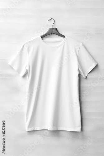 A white t-shirt hanging on a hanger. Generative AI. Tshirt mockup, copy space. © tilialucida
