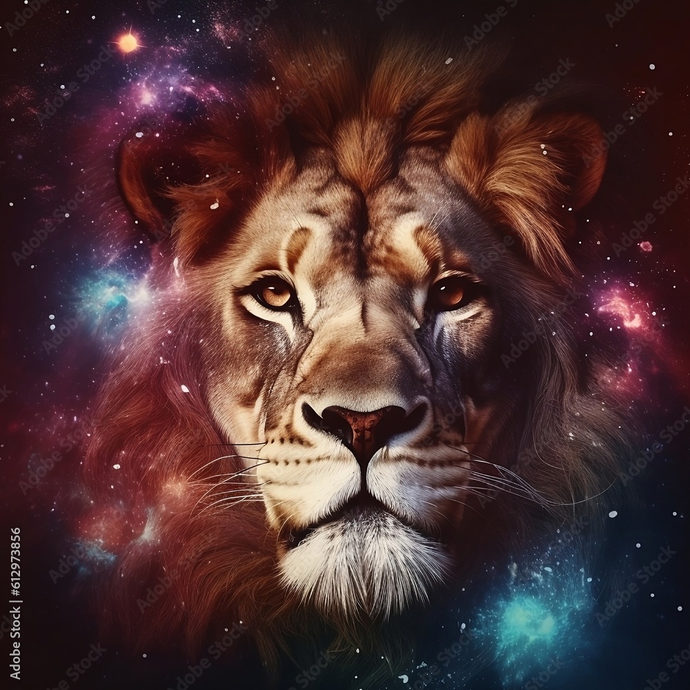 Lion, Lion in space, Colored lion, stars, lion in the stars