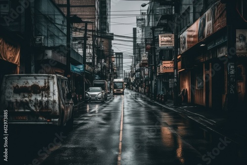 rainy urban street with cars and buildings. Generative AI