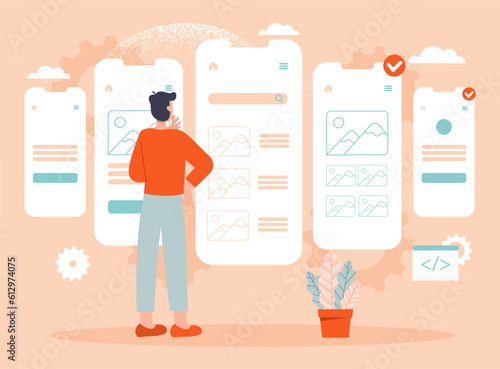Usability testing vector concept. Man stands near smartphone and checks operation of mobile program or application. Developer and user. UI and UX design. Cartoon flat illustration