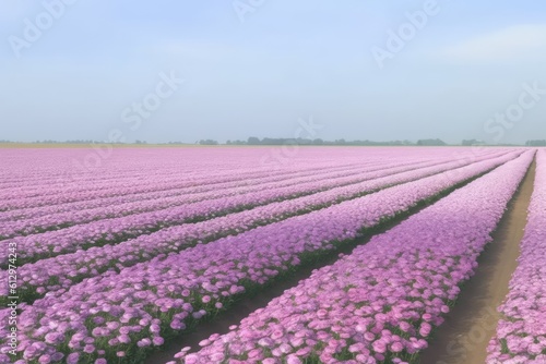 vast and colorful field of purple flowers against a clear blue sky. Generative AI